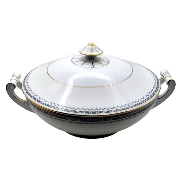 Vintage HW Porcelain Covered Serving Dish Handles Meander Pattern Czechoslovakia - Picture 1 of 11